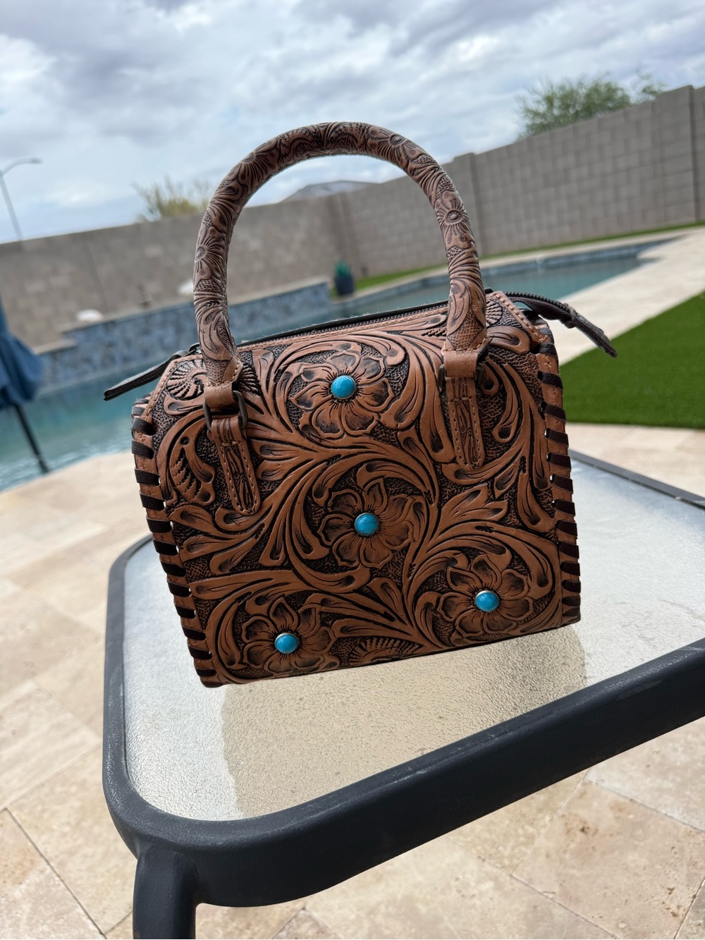 Hand-Tooled Mini Speedy Genuine Leather Top-Handle Bag with Turquoise Accents